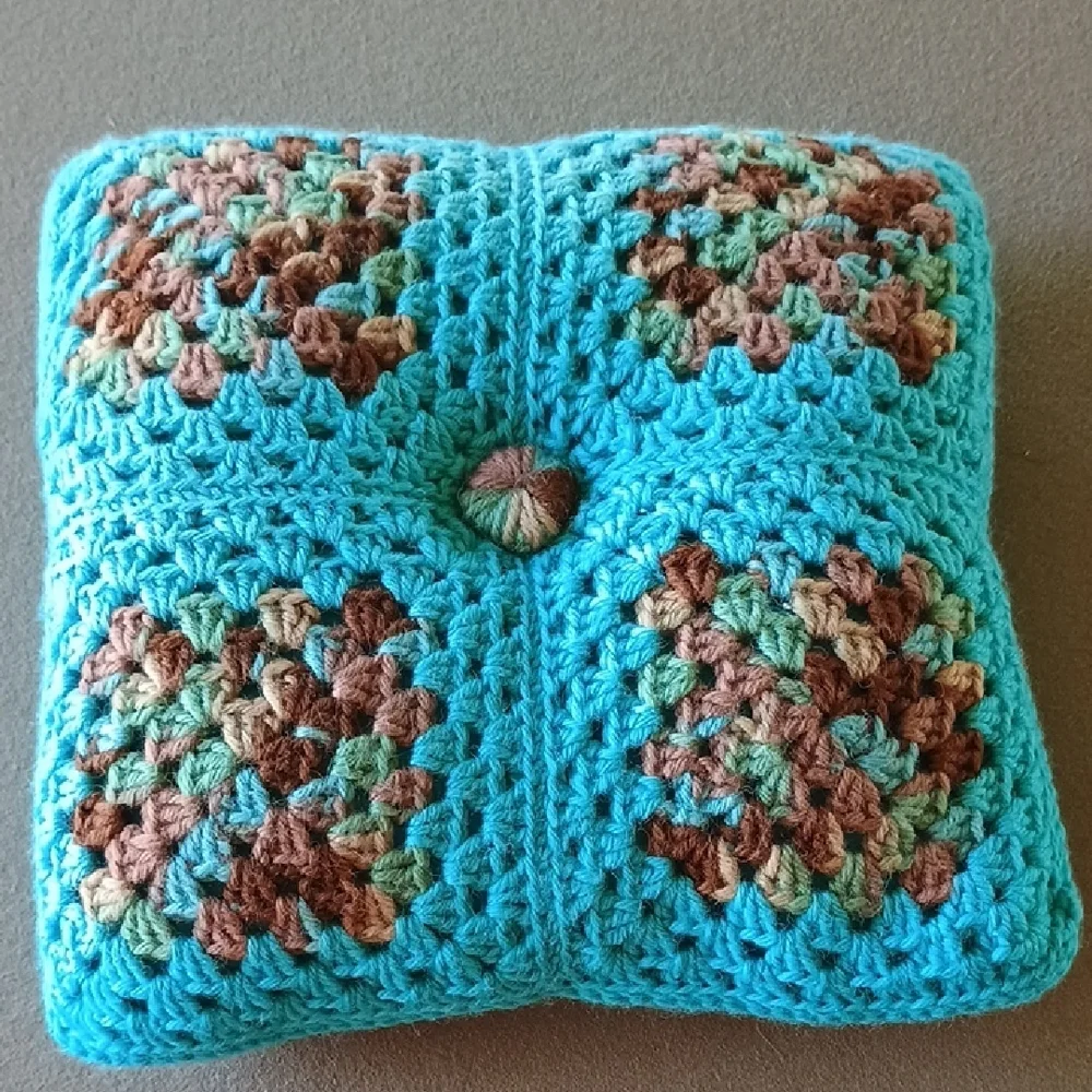Crocheted Blue and Brown Pillow